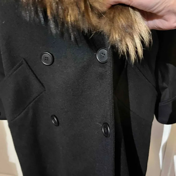 Vintage Gemini Black Full Length Wool Coat Finncoon Raccoon Fur Button Up Collar - Picture 9 of 10